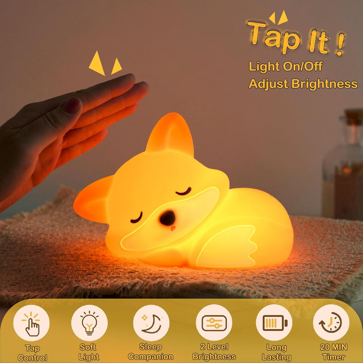Squishy Buddy Night Light - Fox, Axolotl & Capybara, 86-Hour Battery