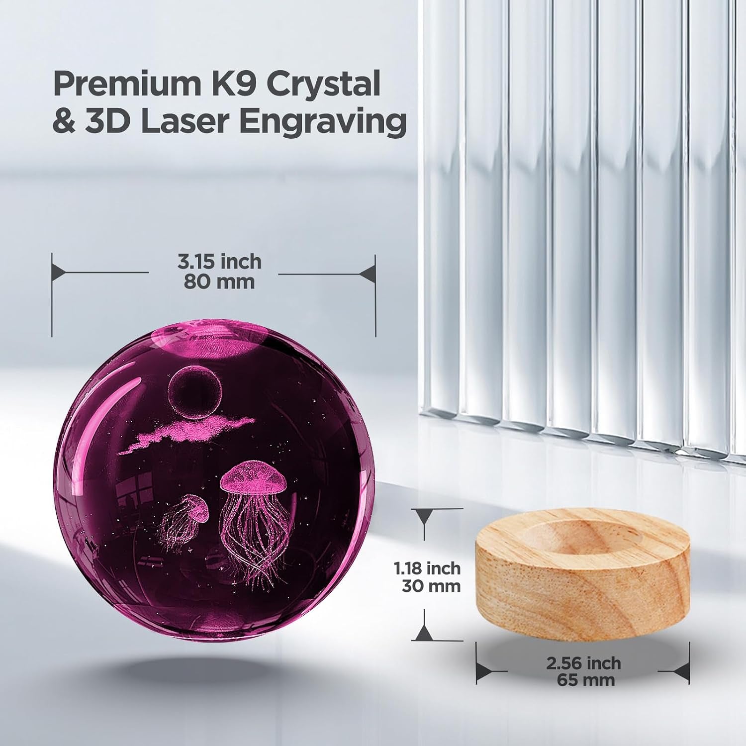 Jellyfish Crystal Ball Lamp - 3D Laser-Etched K9 Glass on Wood Base