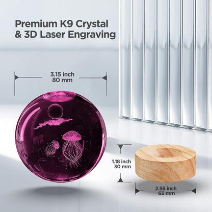 Jellyfish Crystal Ball Lamp - 3D Laser-Etched K9 Glass on Wood Base