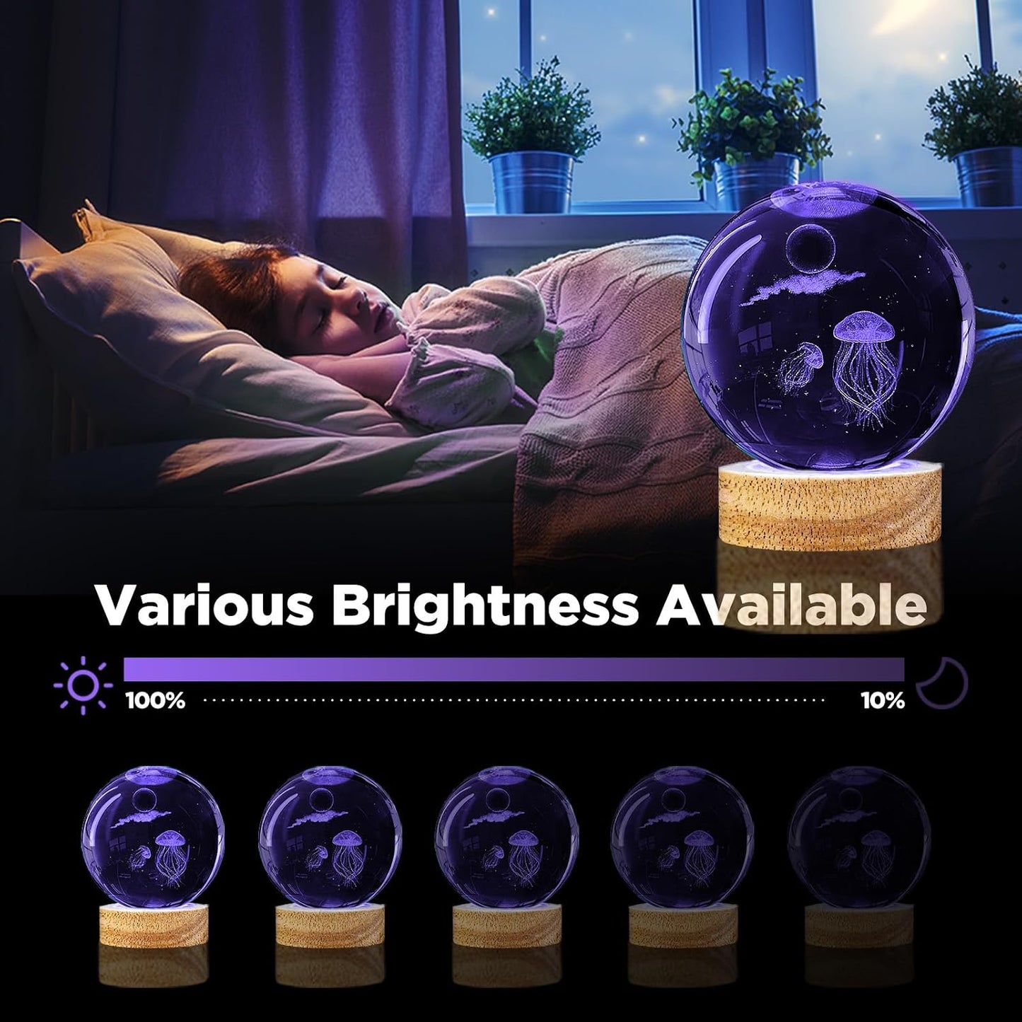 Jellyfish Crystal Ball Lamp - 3D Laser-Etched K9 Glass on Wood Base