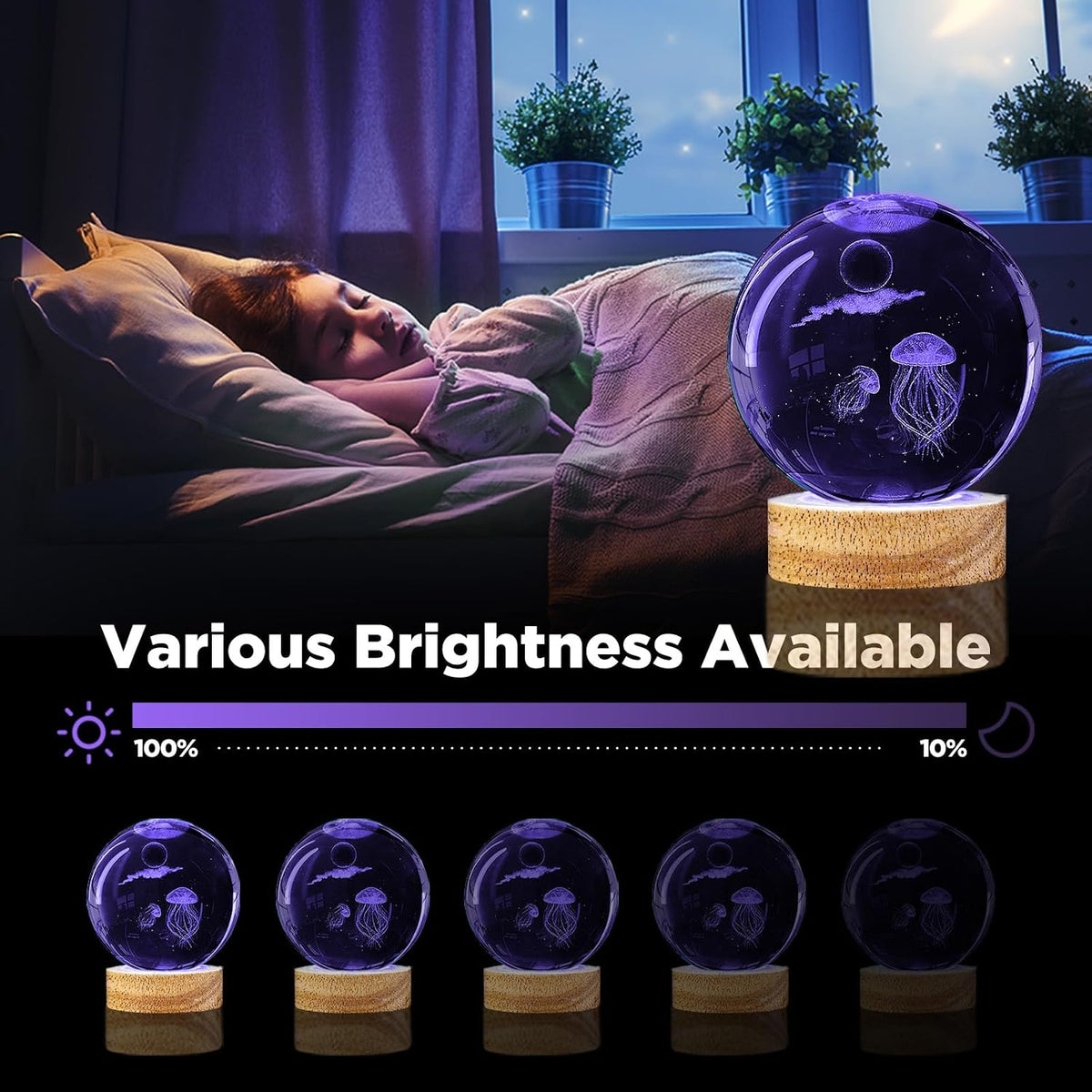 Jellyfish Crystal Ball Lamp - 3D Laser-Etched K9 Glass on Wood Base