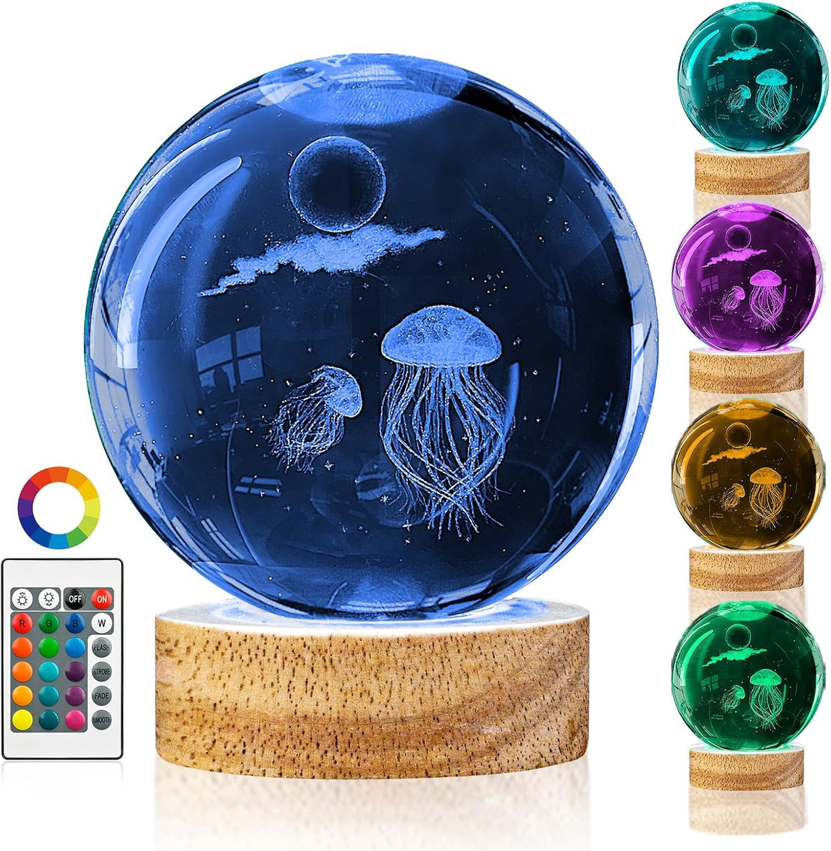 Jellyfish Crystal Ball Lamp - 3D Laser-Etched K9 Glass on Wood Base