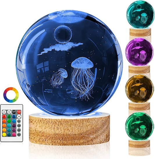 Jellyfish Crystal Ball Lamp - 3D Laser-Etched K9 Glass on Wood Base