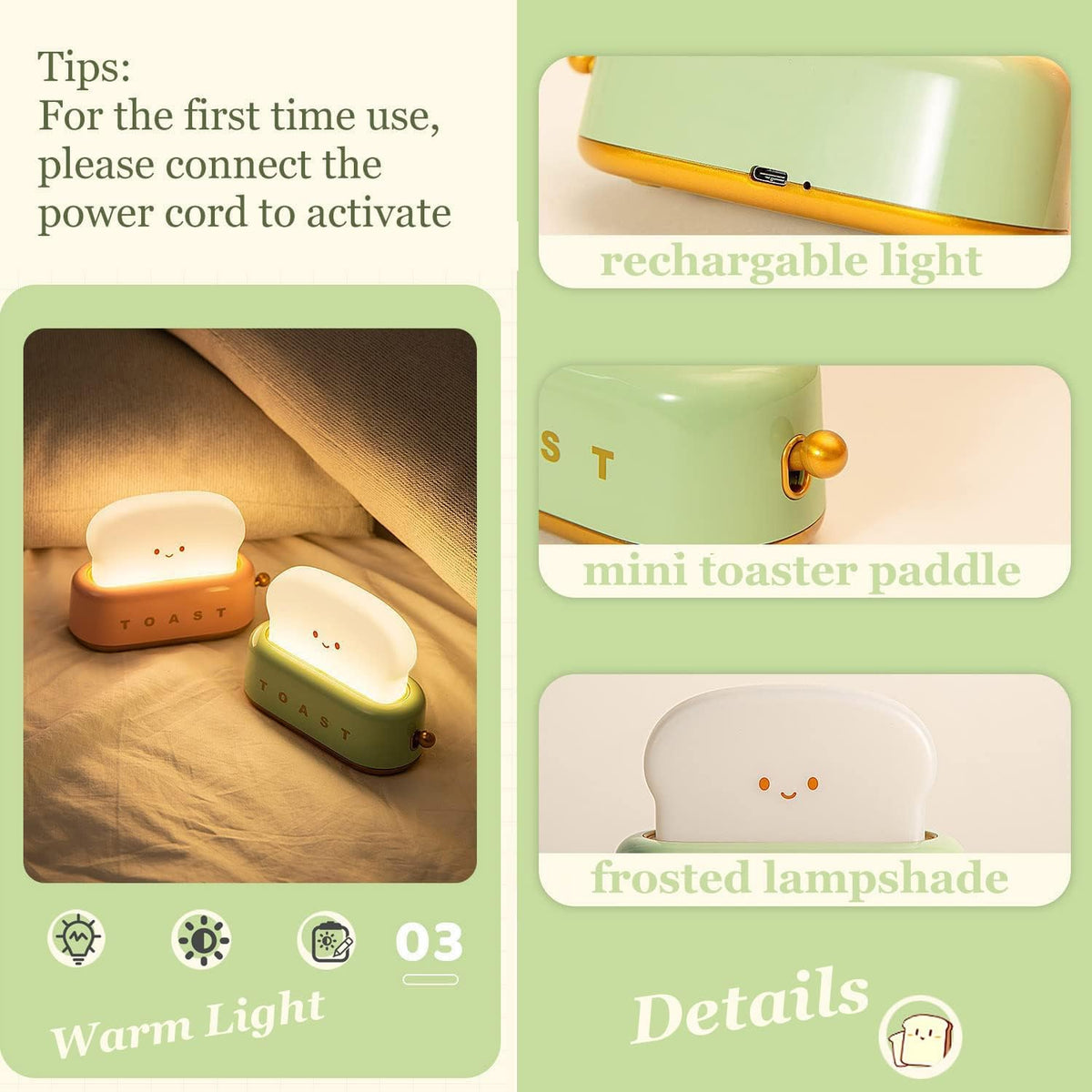 Toast Lamp - Rechargeable Kawaii Bread Night Light, 120-Hour Battery