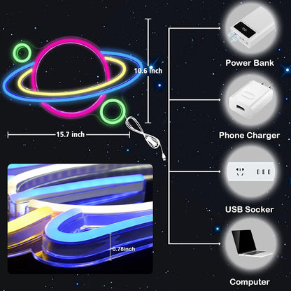 Saturn Neon Sign - Planet LED Wall Light, 16 X 11 In