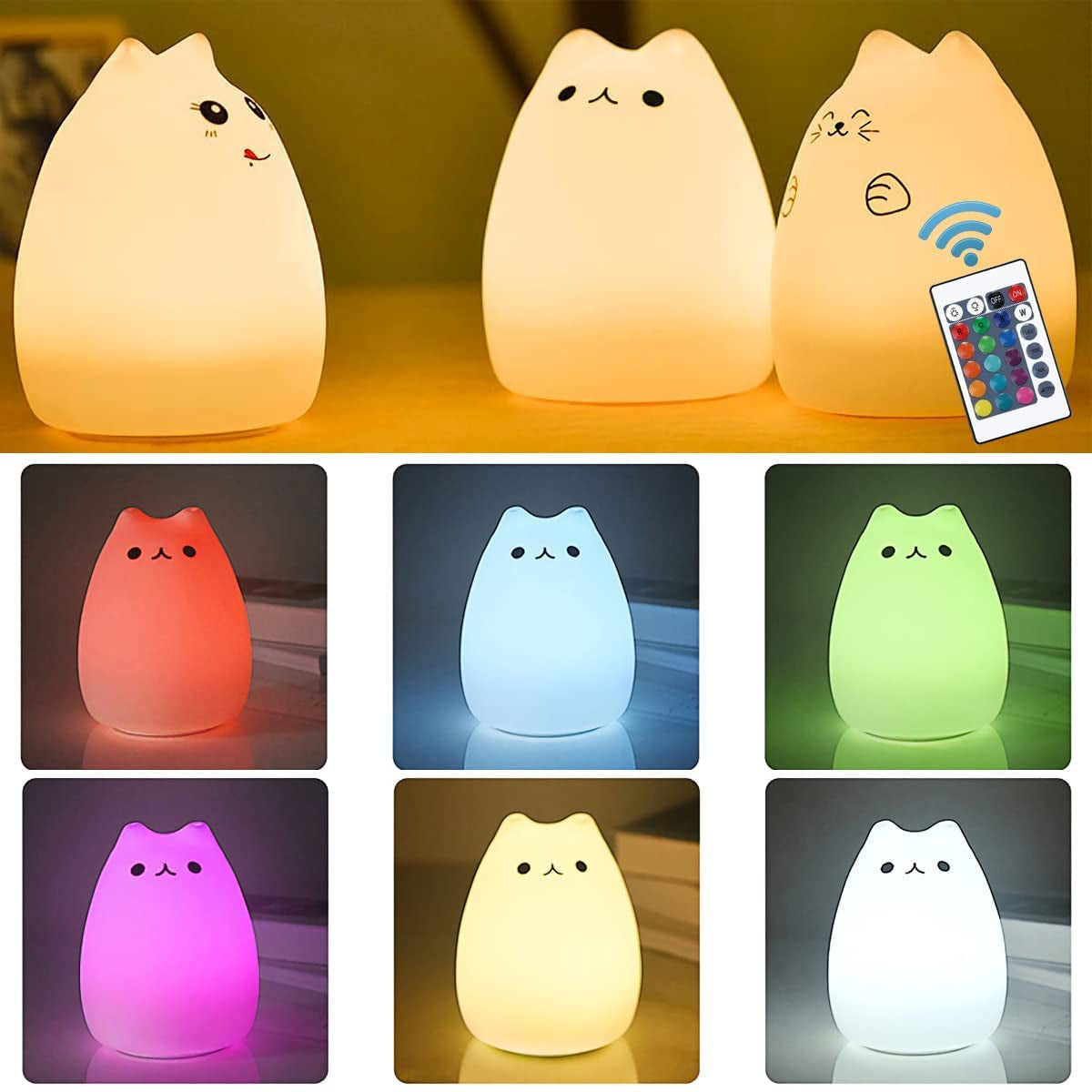 Cute Rechargeable Cat Night Light – Remote Control Silicone Lamp for Kids & Babies