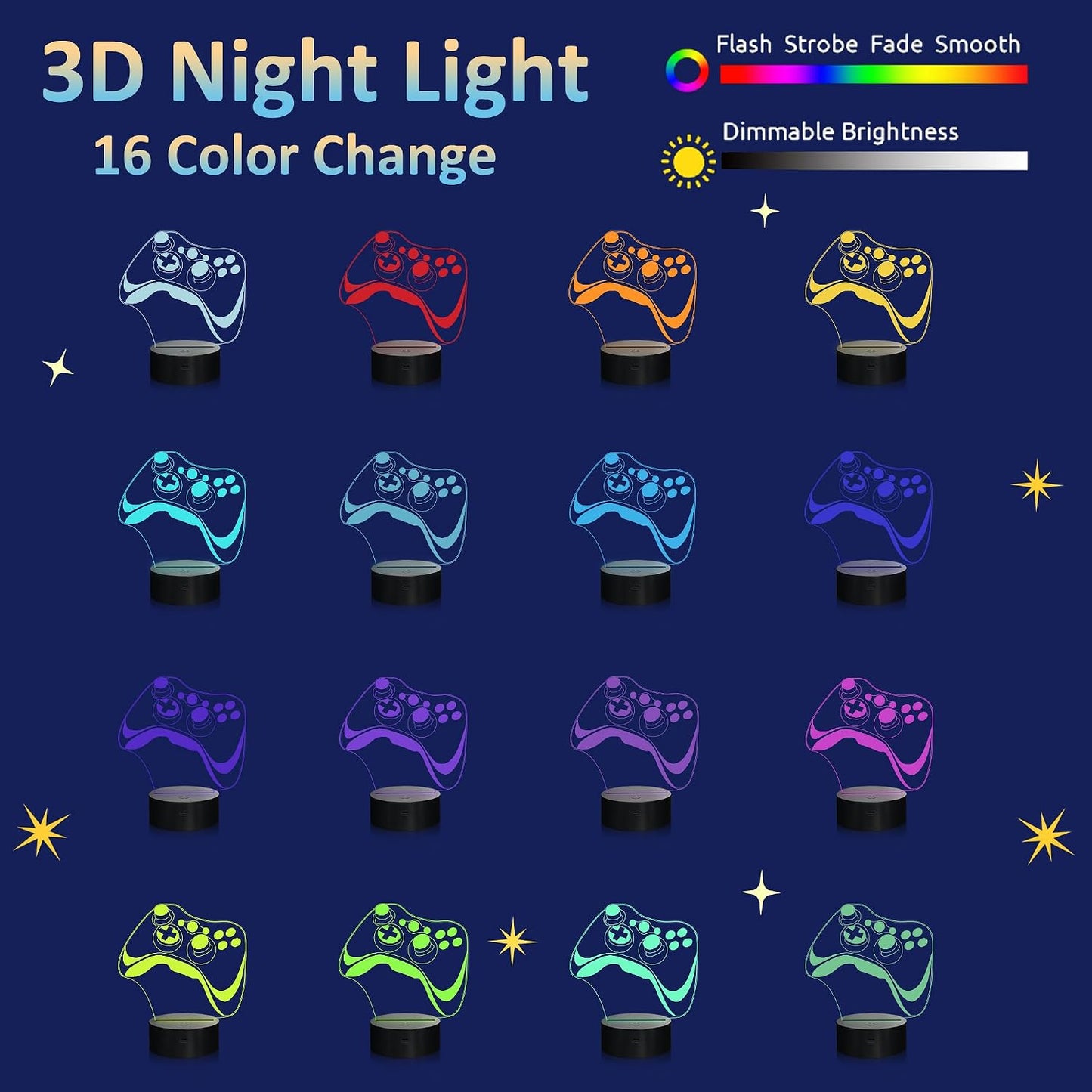 Game Controller 3D Lamp - Hologram Illusion Light, 16 Colors